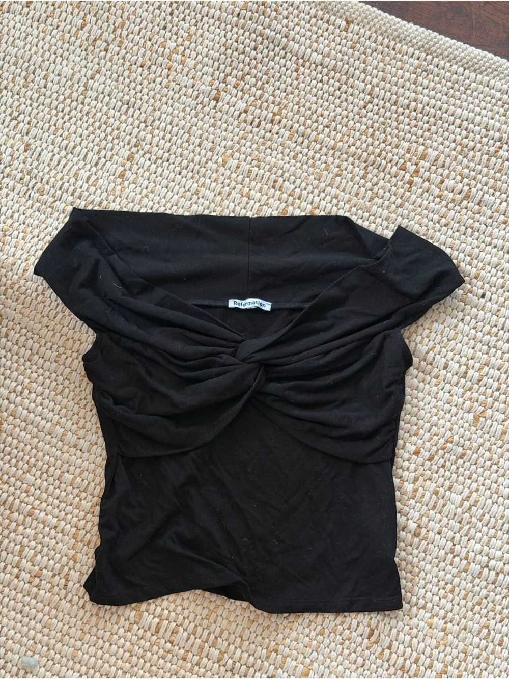 Reformation Black Knot-Front Off-Shoulder Crop Top